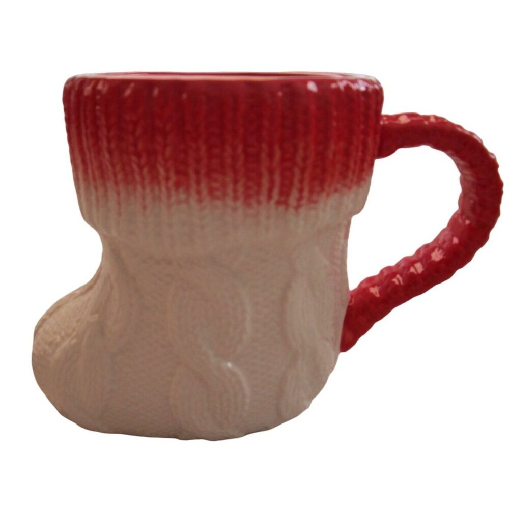 Anthropologie Christmas Cable Knit Ceramic Stocking Boot Mug Red White EUC - Picture 2 of 14